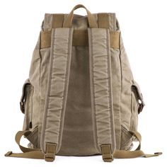 a beige backpack with straps on the front and side pockets, sitting against a white background