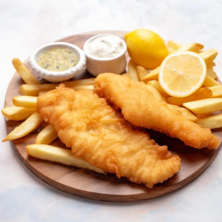 fish and fries on a wooden plate with lemon wedges