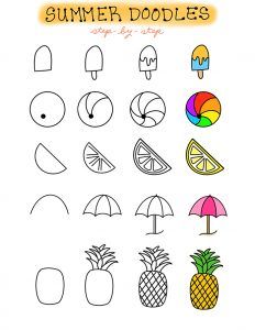 an image of summer doodles with pineapples, umbrellas and ice cream