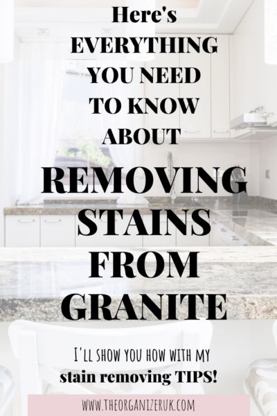 a kitchen with the words removing stains from granite