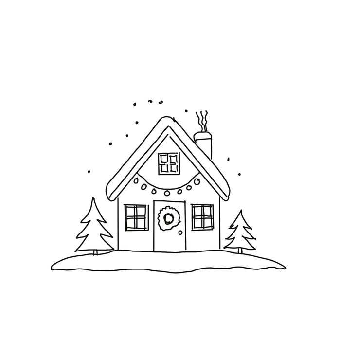 a black and white drawing of a house with christmas decorations on the roof, surrounded by trees