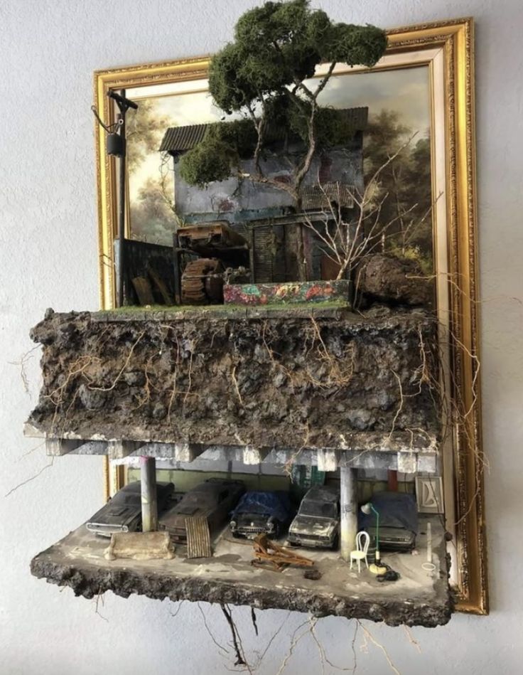 a tree is growing on top of a shelf