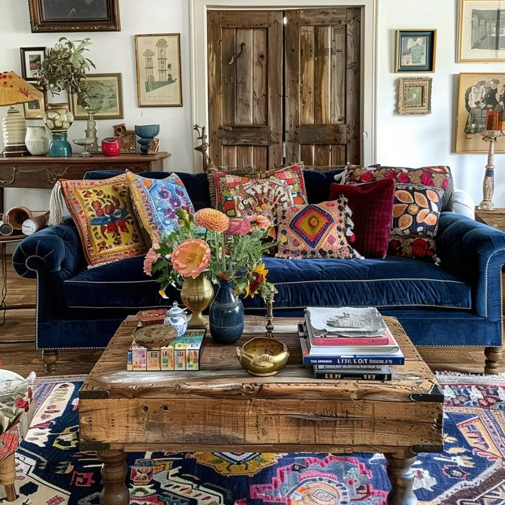 a living room filled with furniture and lots of pillows on top of it's couches