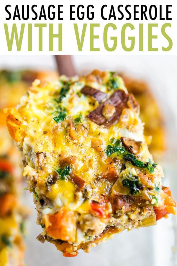 sausage egg casserole with veggies on a fork