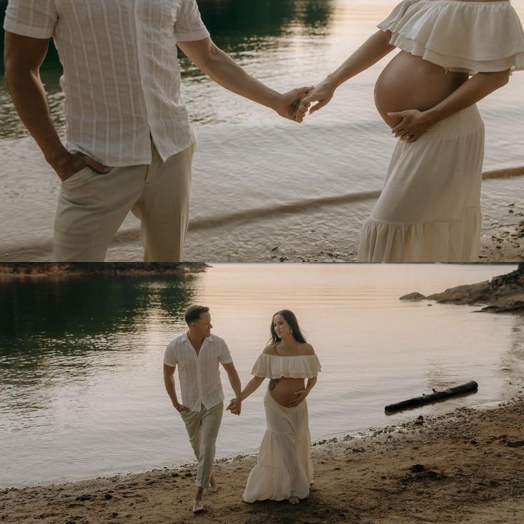 a pregnant couple holding hands while walking on the beach