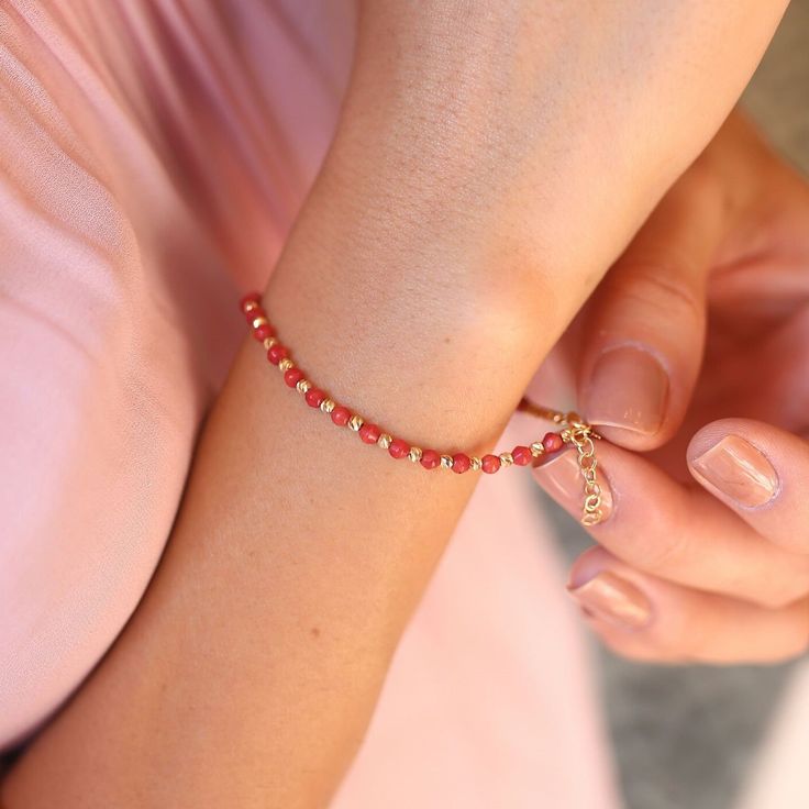 CORAL and 14k Solid GOLD Beaded Bracelet, Lapis Lazuli / Turquoise / Green Jade Natural Stone Choice, Minimalist Design, Carved Round Beads. All 14K real GOLD and Natural Stone / Gem. An elegant and delicate bracelet. Can be customizable as you desire. ∙ P R O D U C T I O N ∙ ‣ All of our products are handmade and made to order ‣ All of our items are 14K real gold. We do not carry any gold filled, gold plated, or gold vermeil items. Also there are no other metals used so all items are hypoallerg Coral Bracelet Gold, Coral Faceted Beads Jewelry As Gift, Coral Faceted Beads Jewelry For Gifts, Yellow Gold Beaded Bracelets With Faceted Beads As Gift, Yellow Gold Beaded Bracelet With Faceted Beads As Gift, Elegant Red Coral Beaded Bracelets For Gift, Elegant Red Coral Beaded Bracelet Gift, Elegant Coral Bracelet For Gift, Coral Red Beaded Bracelets As Gift