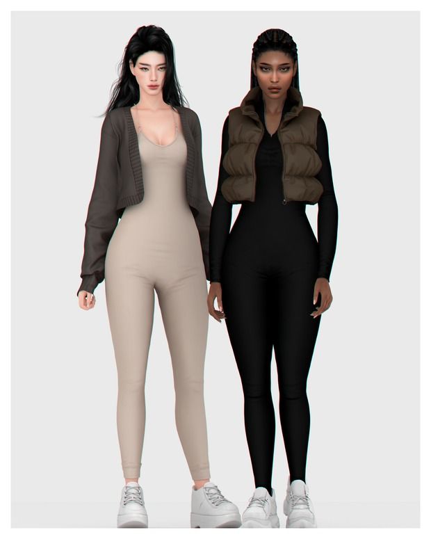 two women standing next to each other wearing bodysuits and jackets, one in beige and the other in black