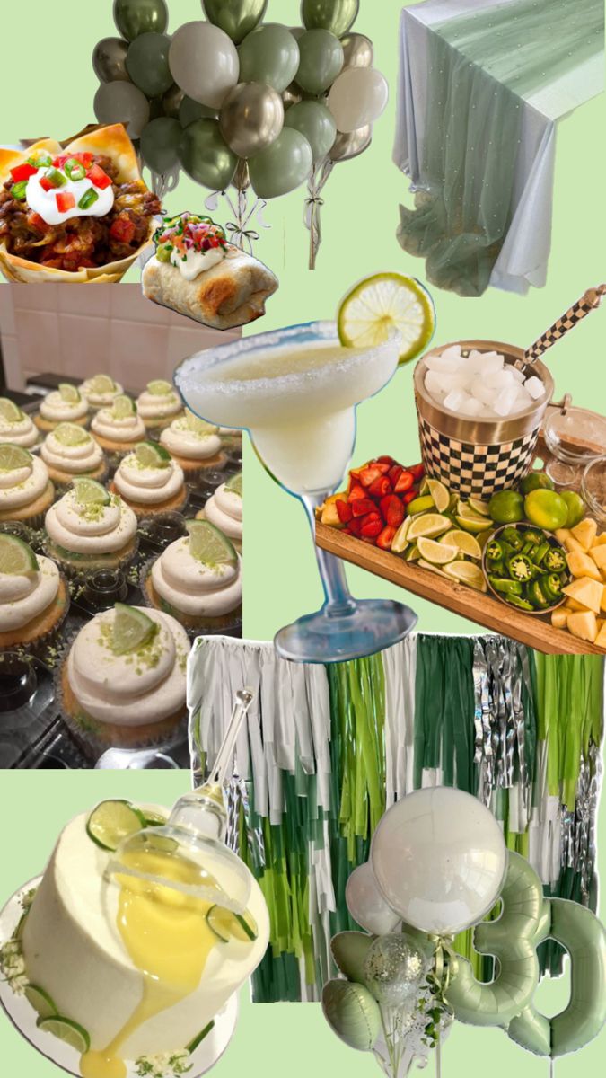 an assortment of desserts, drinks and balloons are arranged in this collage for a party