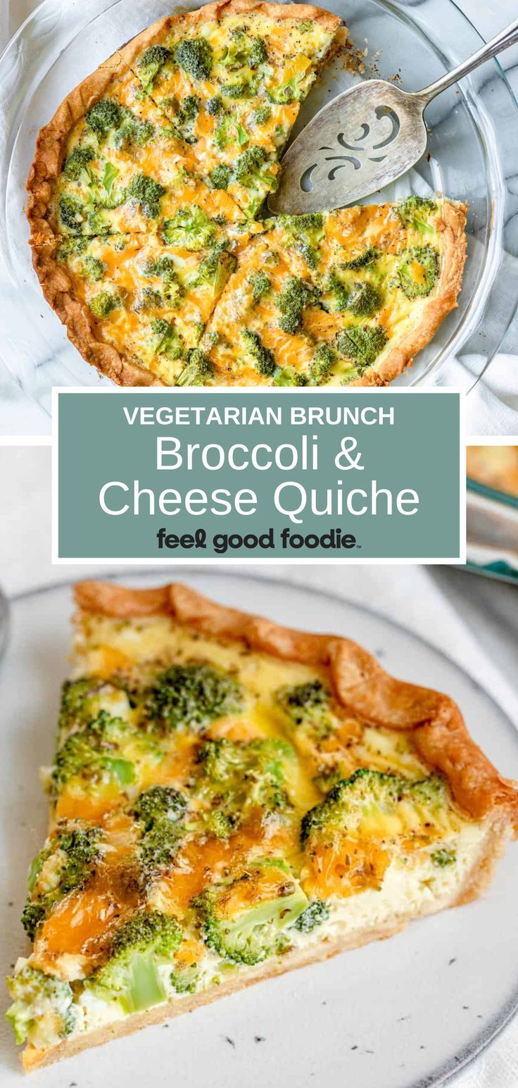 broccoli and cheese quiche on a plate with a serving utensil