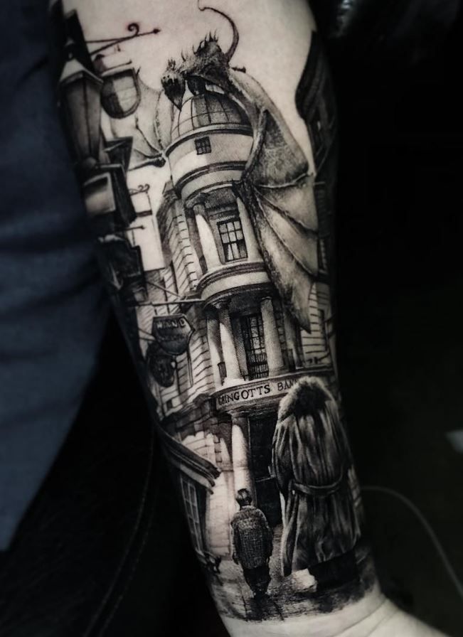 a man's arm with a black and white drawing of a woman walking down the street