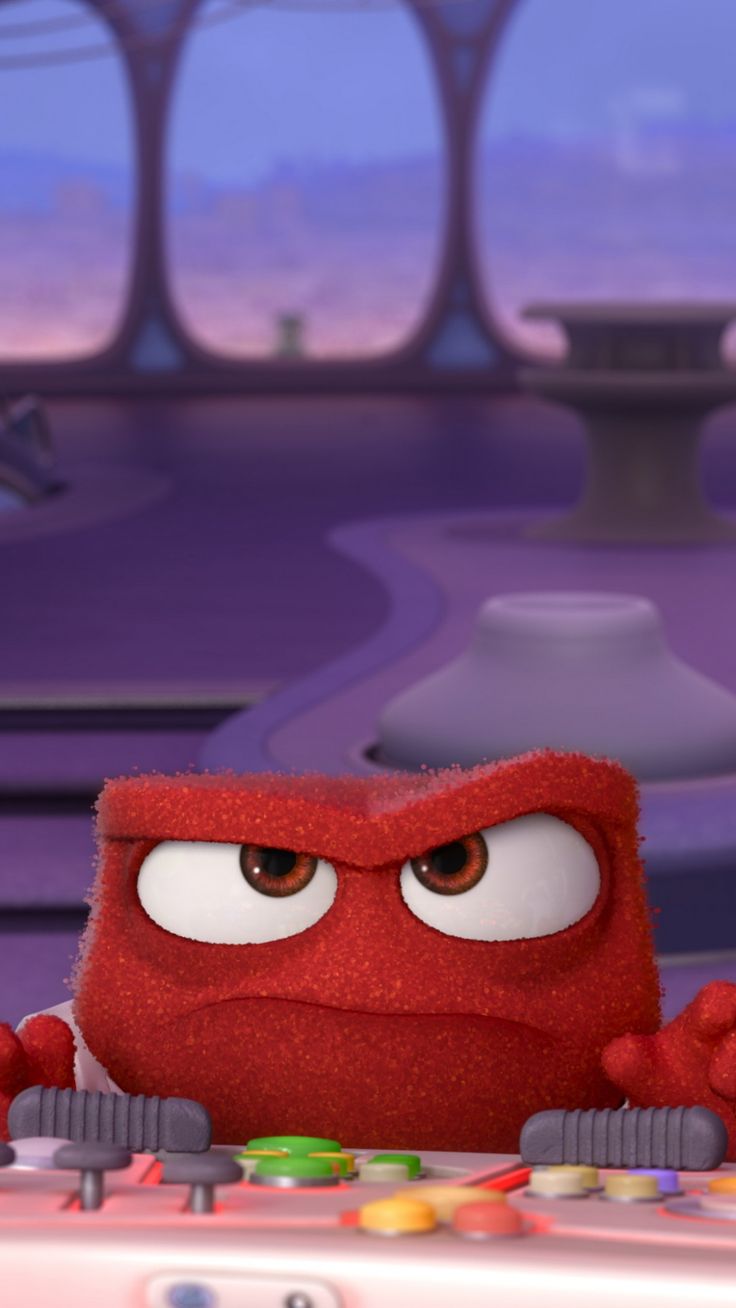 an animated red object with big eyes and hands on a keyboard in front of a purple background