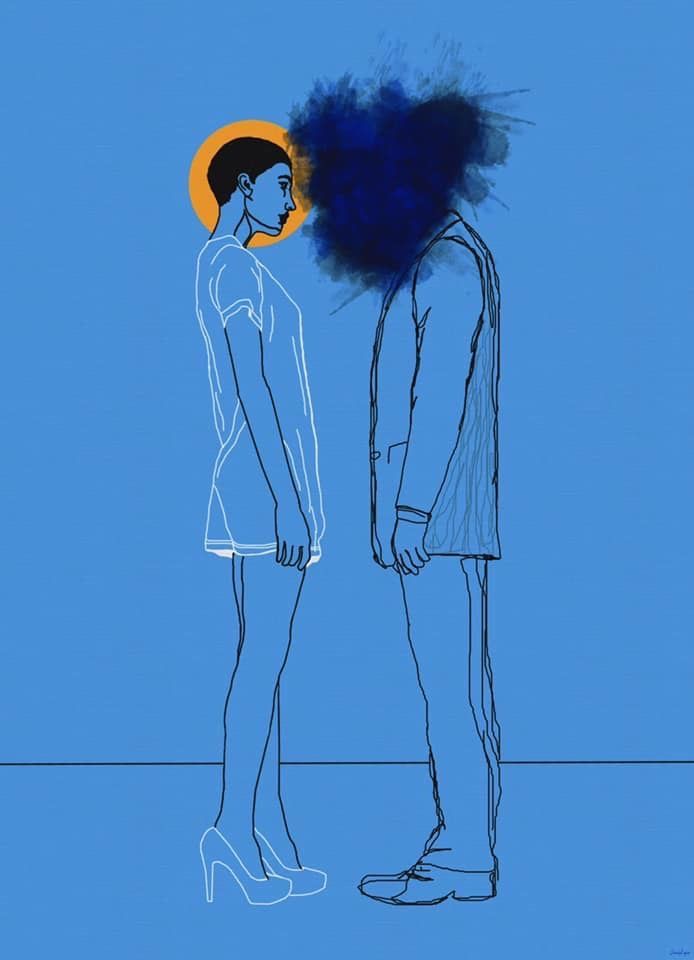 two people standing next to each other in front of a blue background with an orange sun