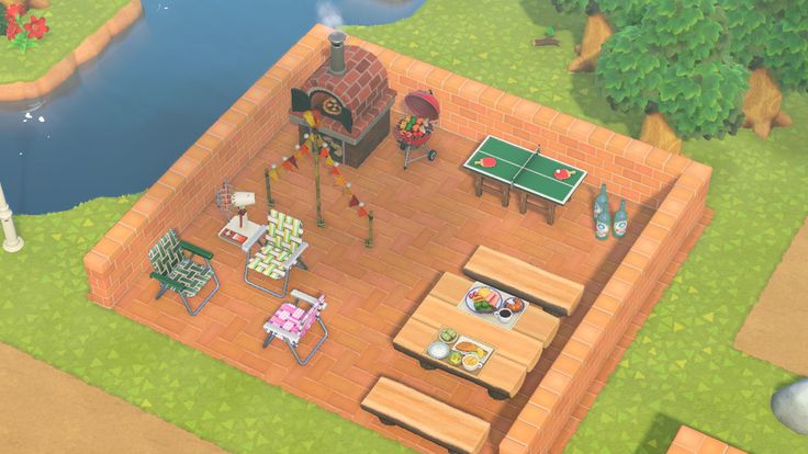 an aerial view of a living room and patio in animal crossing