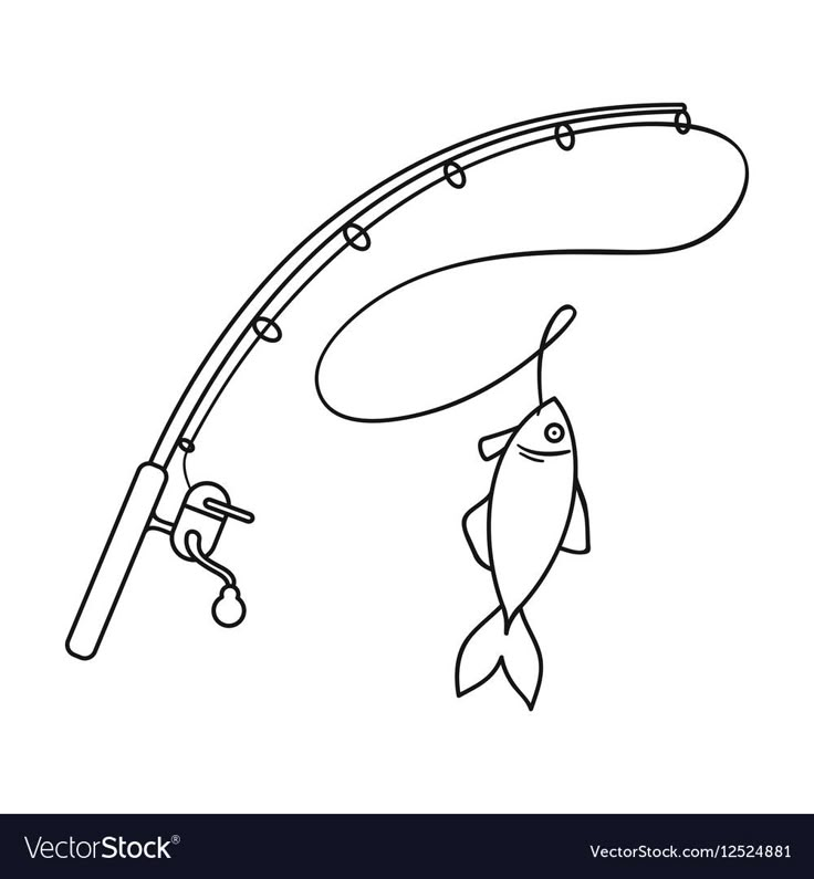 a line drawing of a fish hooked up to a fishing rod with a hook on it