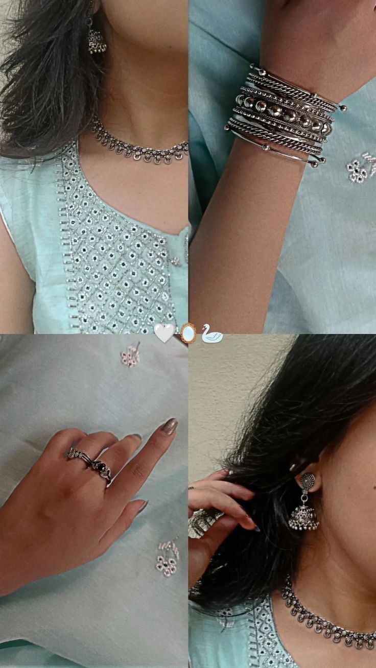 four different pictures of a woman wearing jewelry