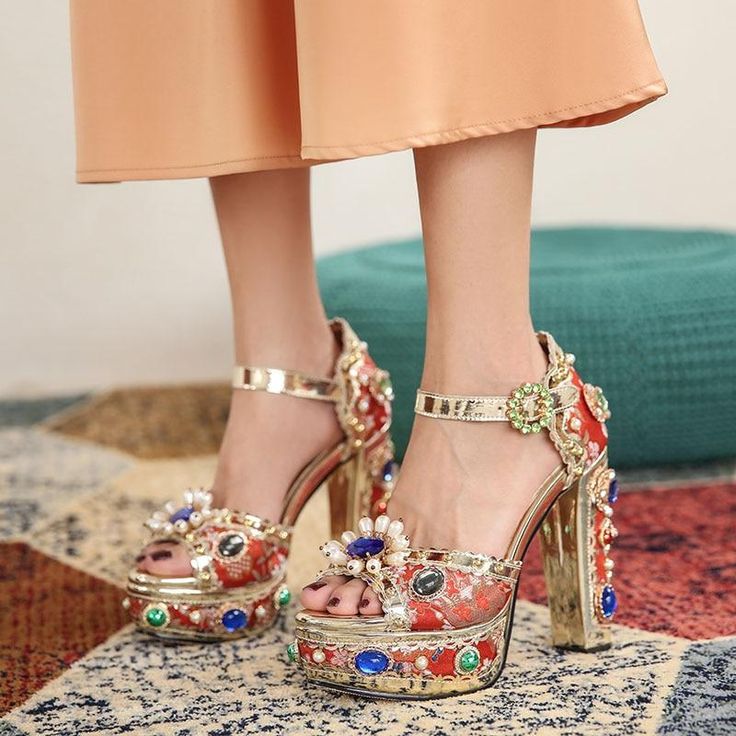 Embroidery Platform High Heel Color: Blue, Red Sizes: 5, 5.5, 6, 7, 7.5, 8, 8.5, 9, 10, 10.5 High Platform Shoes, Wedding High Heels, Party High Heels, Dr Shoes, Rhinestone High Heels, Gladiator Heels, Open Toe High Heels, Bling Shoes, Rhinestone Sandals