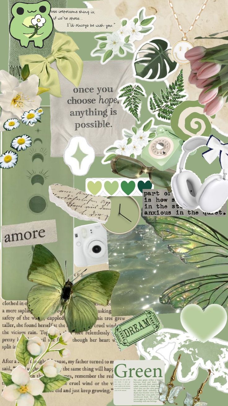 an altered collage with flowers, leaves and butterflies on it's side is shown