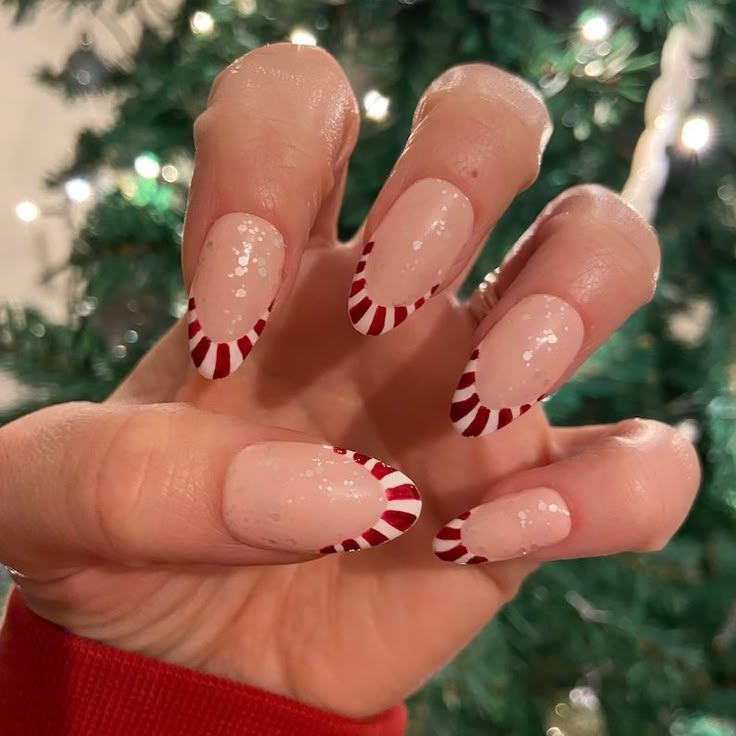 French Manicure With A Twist, Nails Medium Almond, Almond Shaped Nails, Cane Tips, Snow Effect, Medium Almond, Cute Simple Nails, Shaped Nails, Cute Christmas Nails