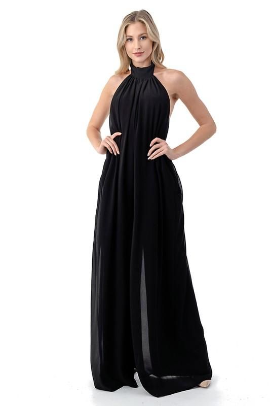 Black Wide Leg Jumpsuit with Halter Top Neckline and Open Back Black Halter Neck Jumpsuit For Night Out, Elegant Black Jumpsuits And Rompers For Beach, Elegant Black Jumpsuit For The Beach, Black Halter Neck Jumpsuit For Beach, Elegant Black One-piece Jumpsuit, Black Jumpsuits And Rompers For Summer Evenings, Black Summer Evening Jumpsuits And Rompers, Black Evening Jumpsuits And Rompers, Black One-piece Jumpsuits For Evening