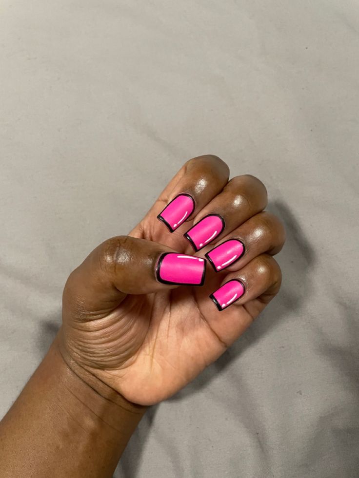 Cute Hot Pink Nail Designs, Short Square Hot Pink Acrylic Nails, Bubble Gum Pink Nails Acrylic Short, Hot Pink Barbie Nails, Short Square Barbie Pink Nails, Barbie Manicure Short Nails, Barbie Nails Design, Barbie Nails Short, Barbie Acrylic Nails