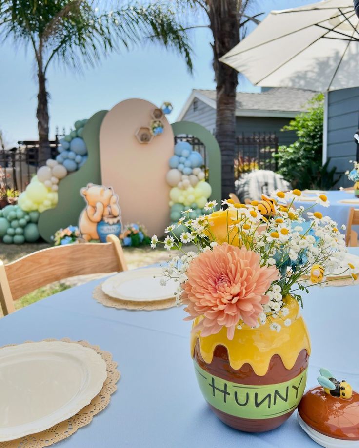 21+ *Cutest* Winnie The Pooh Baby Shower Ideas You Need To See Table Decorations Winnie The Pooh, Winnie The Pooh Honeycomb Decor, Classic Winnie The Pooh Table Decor, May Babyshowers, Winnie The Pooh Shower Decorations, Autumn Theme Baby Shower Ideas, Whinne Pooh Baby Shower Boy, Winnie The Pooh Garden Party, Vintage Winnie The Pooh Baby Shower Idea