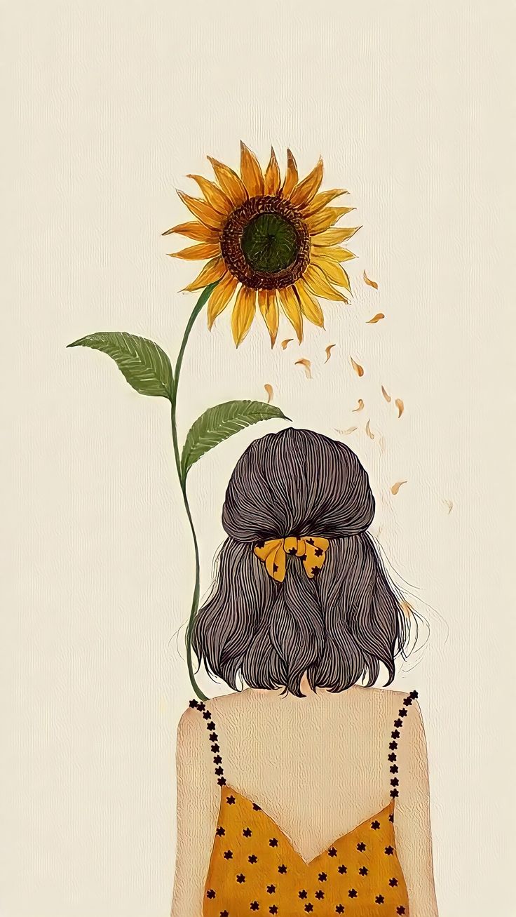 a drawing of a woman with a sunflower on her head and the back of her head