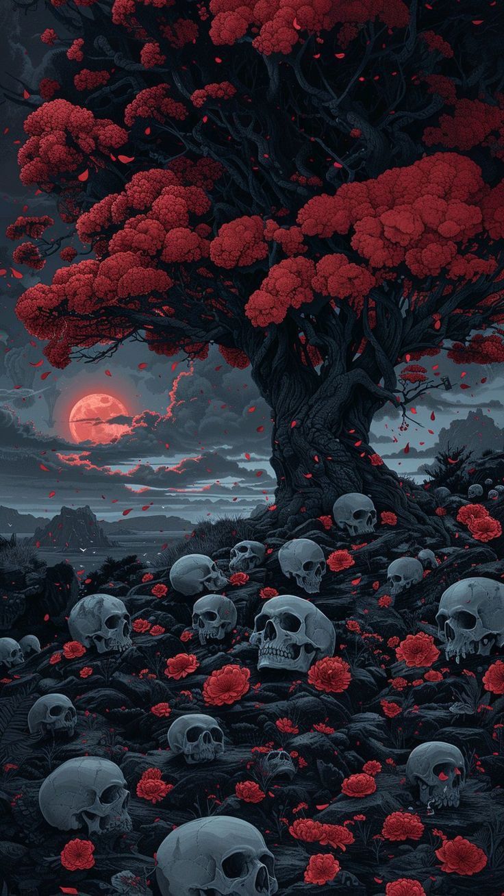 a tree with red flowers and skulls in the foreground is surrounded by dark clouds