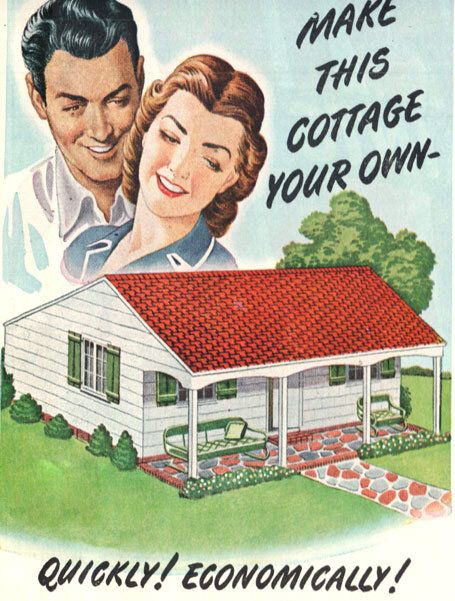 an advertisement for a house with a man and woman standing in front of the house