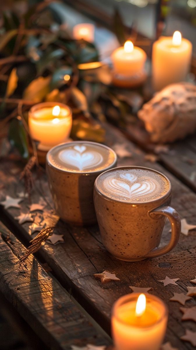 some coffee cups are sitting on a wooden table with candles in the shape of hearts