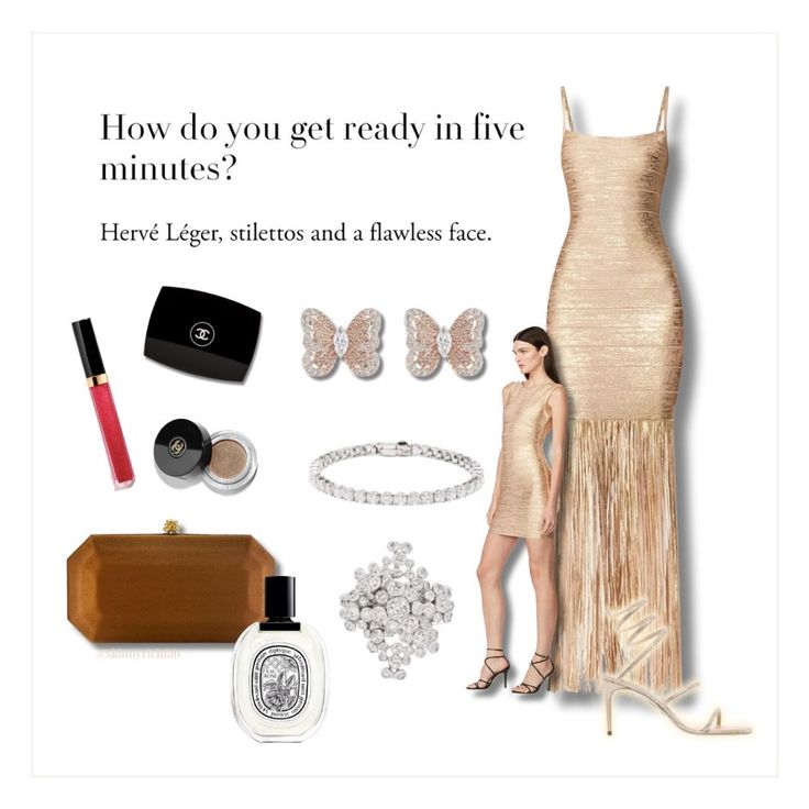 Outfit flatlay for a fancy night out. Long gold gown from herve leger is bandage from the straps till mid thigh where shingles of fringe tassle to the floor, paired with gold wrap sandals a brown satin clutch and diamonds. Trophy Wife Aesthetic Outfits, Serena Van Der Woodsen Aesthetic, Bella Hadid Kendall Jenner, Outfits Feminine, Night Out Clubbing, Clubbing Outfit, Gossip Girl Aesthetic, Serena Van Der, Gossip Girl Outfits