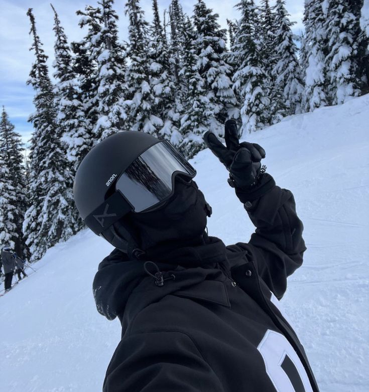 a person in black jacket and goggles standing on snow covered slope with trees behind them