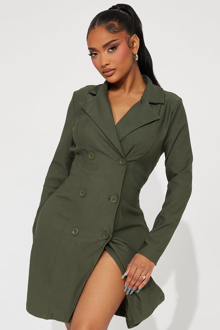 Available In Black, Olive, And Green. Blazer Mini Dress Collar Long Sleeve Button Detail Stretch 97% Polyester 3% Spandex Imported | Sarah Stretch Blazer Mini Dress in Olive Green size Large by Fashion Nova Fitted Dresses With Double Button Closure, Fitted V-neck Dress With Double Button Closure, Fitted Double-breasted Mini Dress With Button Closure, Fitted Mini Dress With Double Button Closure For Spring, Spring Fitted Mini Dress With Double Button Closure, Fitted Double-breasted Button-up Blazer Dress, Fitted Button-up Blazer Dress With Double-breasted Fastening, Button Closure Mini Dress For Work, Fitted Bodycon Dress With Buttons For Work