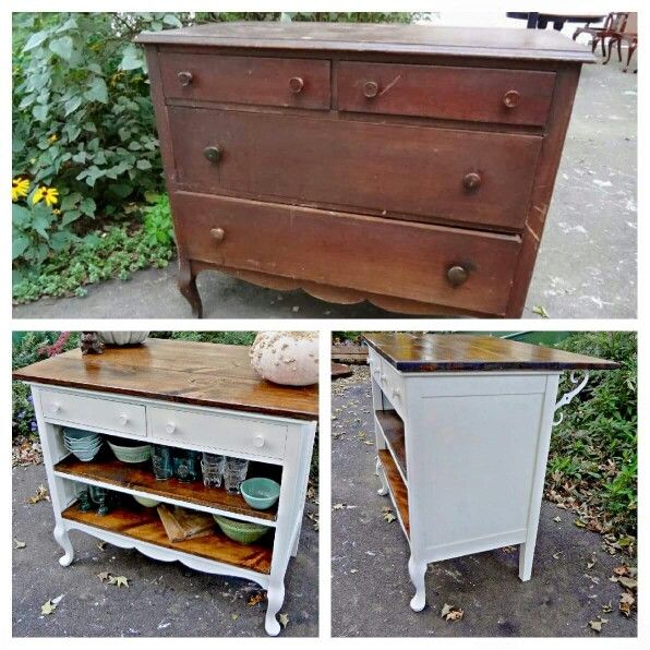 an old dresser has been painted white and is being used as a sideboard for storage