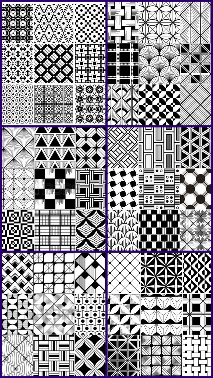 black and white geometric patterns with blue borders on the bottom, top and bottom