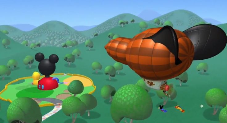 an image of mickey mouse flying in the air over trees and land with other items