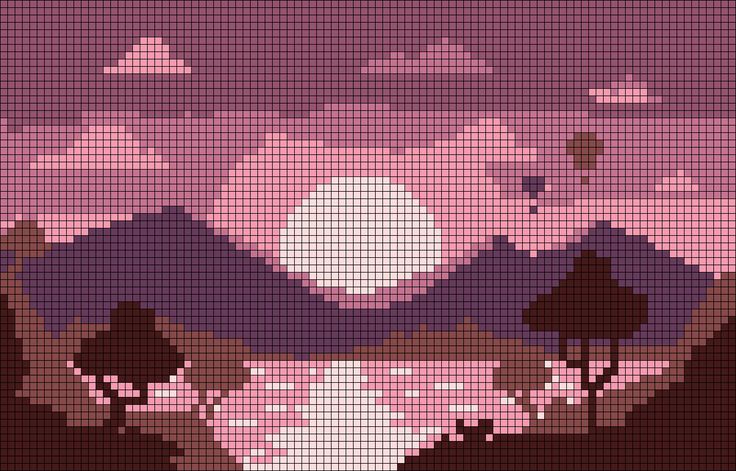 a cross stitch pattern with trees and mountains in the background at sunset or sunrise, as seen from a computer screen