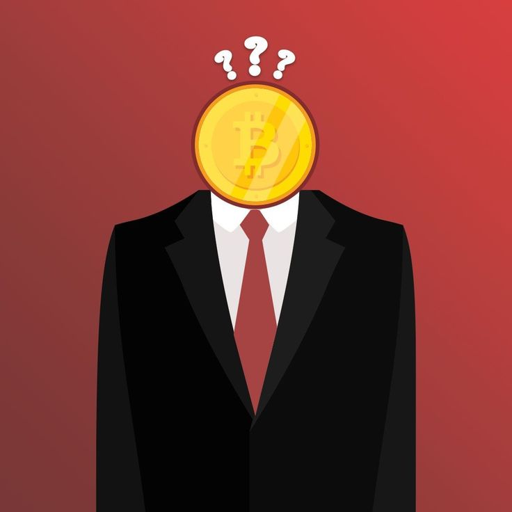 a man wearing a suit and tie with a bitcoin on his head in front of him