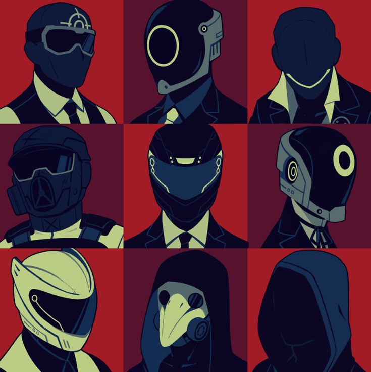 six different images of people in suits and helmets, each with a bird's head