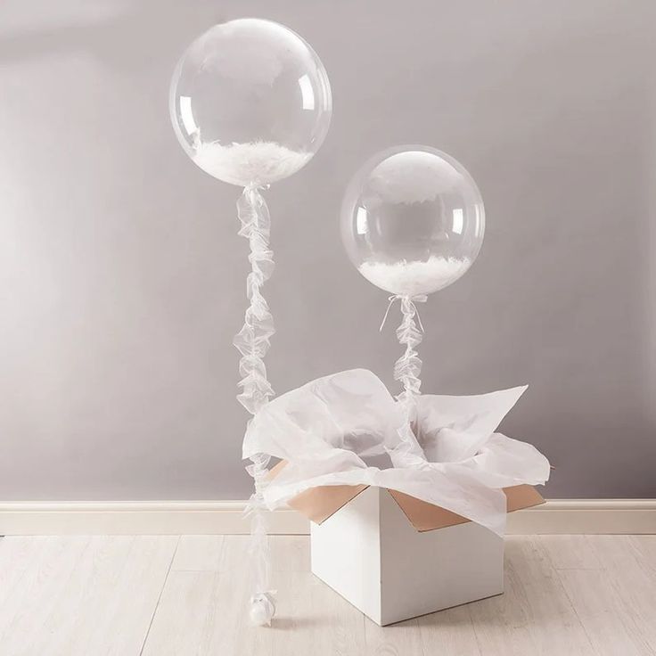 two clear balloons are in a box on the floor