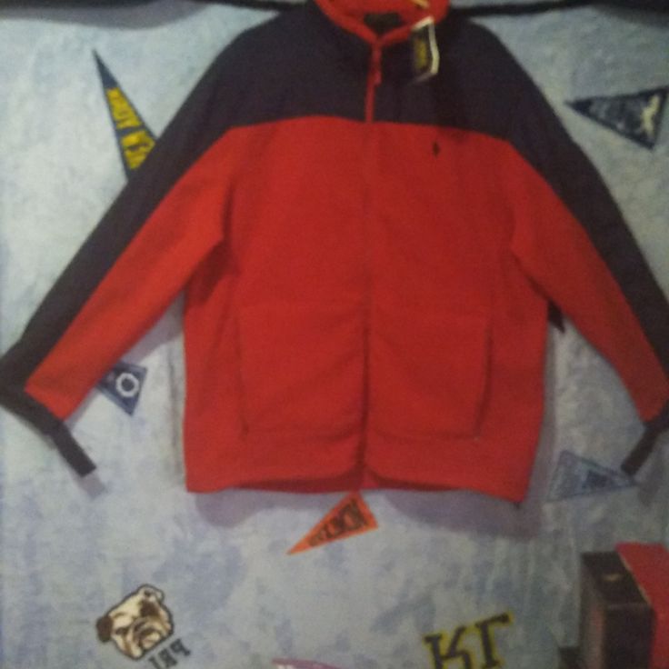 Polo Fleece Jacket Red With Blue Trim Blue Horse Zipper Pocket Brand New Velcro Wrist Blue Drawstrings At The Bottom Great Outfit Piece Red Fleece Sports Outerwear, Sporty Red Fleece Jacket For Fall, Red Fleece Long Sleeve Outerwear, Red Fleece Jacket For Outdoor Activities In Fall, Red Fleece Jacket For Fall Outdoor Activities, Red Fleece Jacket For Fall, Red Fleece Winter Outerwear, Red Casual Fleece Jacket With Pockets, Casual Red Fleece Jacket With Pockets