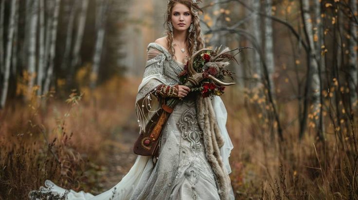 a woman dressed in medieval clothing standing in the woods with flowers and feathers on her head