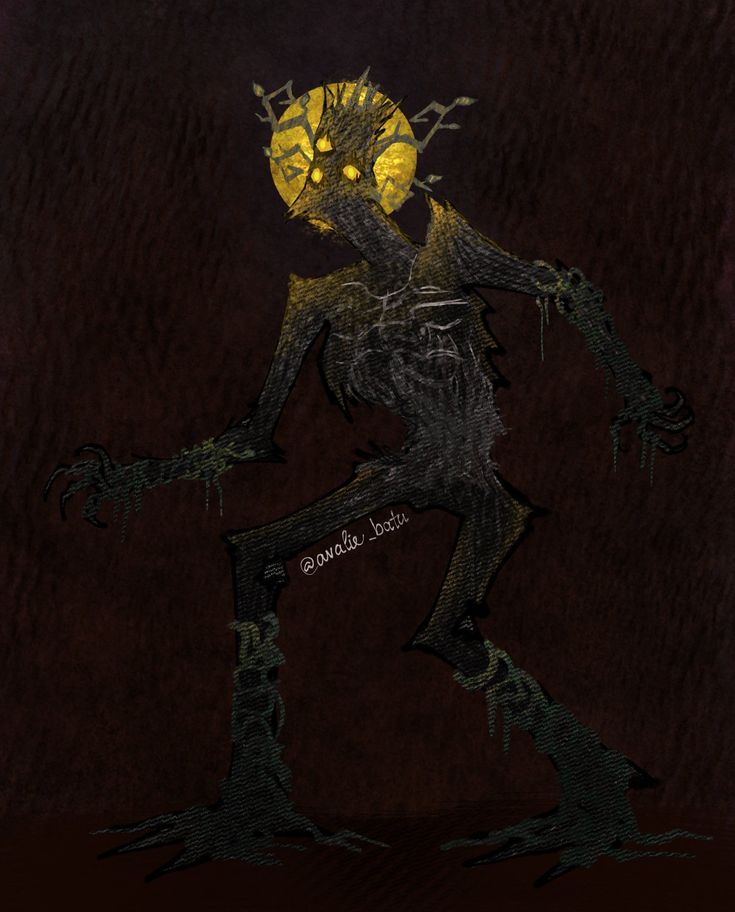 a drawing of a creature with yellow eyes and black body, standing in front of a dark background