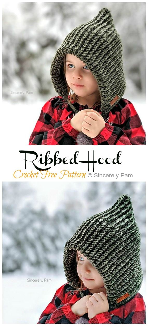 a child wearing a crocheted hat and jacket in the snow with text overlay that reads, ribbed hood crochet free pattern