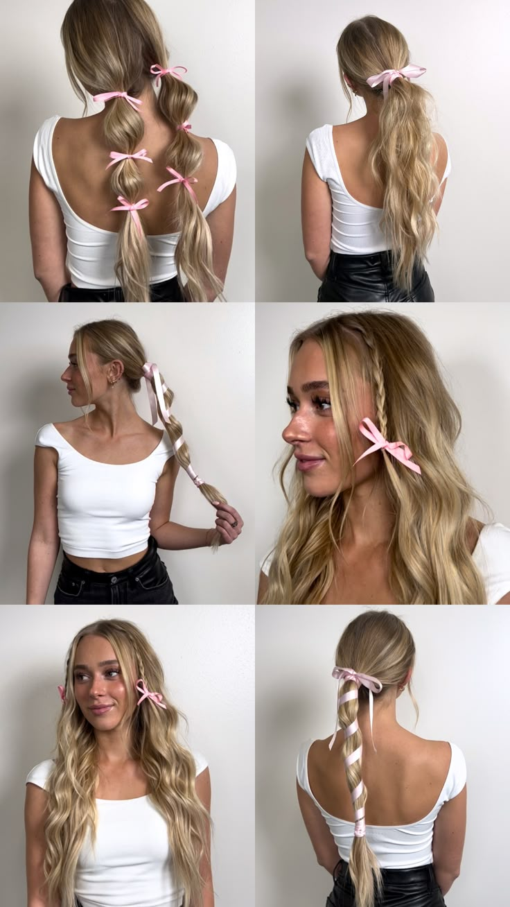 Now In Hair, Simple Hairstyles With Ribbon, Bows On Hair, Pink Bows In Hair, Bubble Braid With Bows, Hairstyles With Pink Ribbon, Cute Hair With Ribbon, Bow Hair Styling, Little Bows In Hair