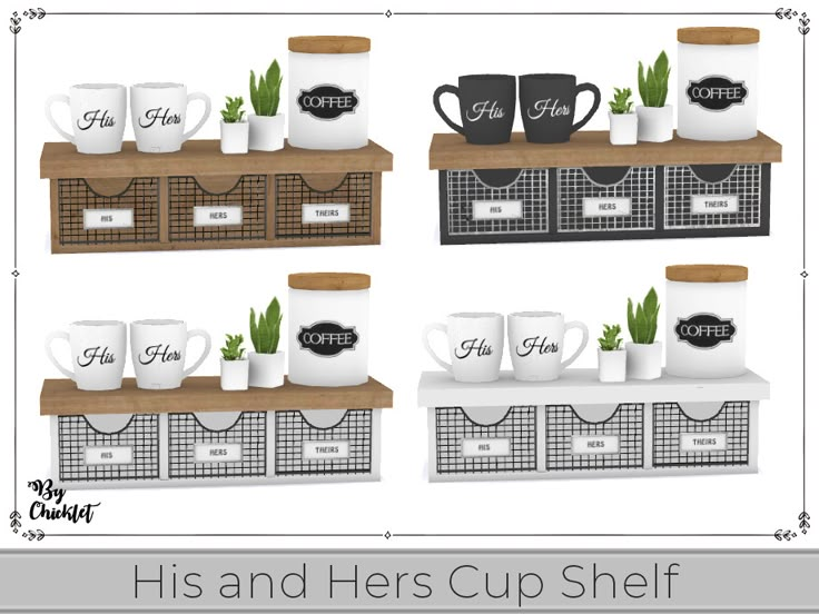 four shelves with coffee cups and mugs on them