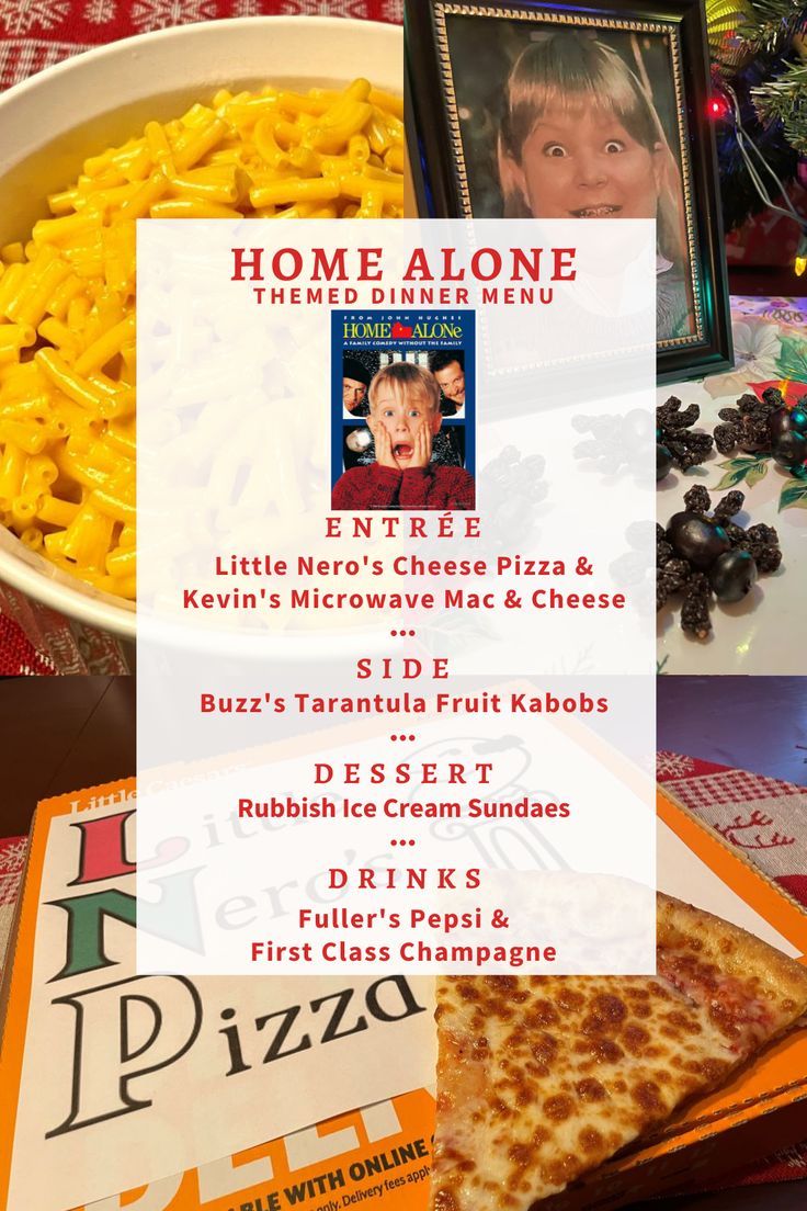 Home Alone Themed Dinner Menu Thanksgiving Dinner And A Movie, Dinner And A Movie Menu Disney Family, Disney Christmas Dinner, Holiday Movie Dinner Ideas, Christmas Dinner Movie Night, Home Alone Themed Movie Night, Family Themed Dinner Ideas, Home Alone Inspired Food, Christmas Menu Ideas Holiday Foods