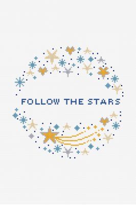 a cross stitch pattern with the words follow the stars written in blue and yellow colors