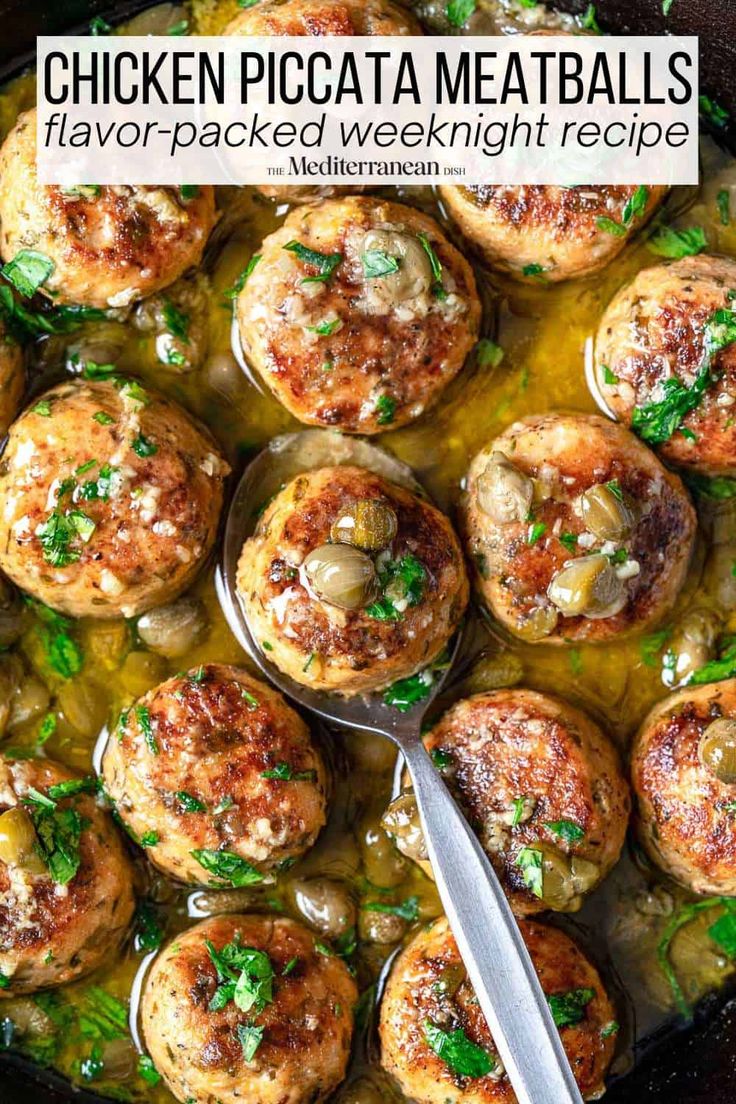 chicken piccata meatballs in a skillet with a spoon