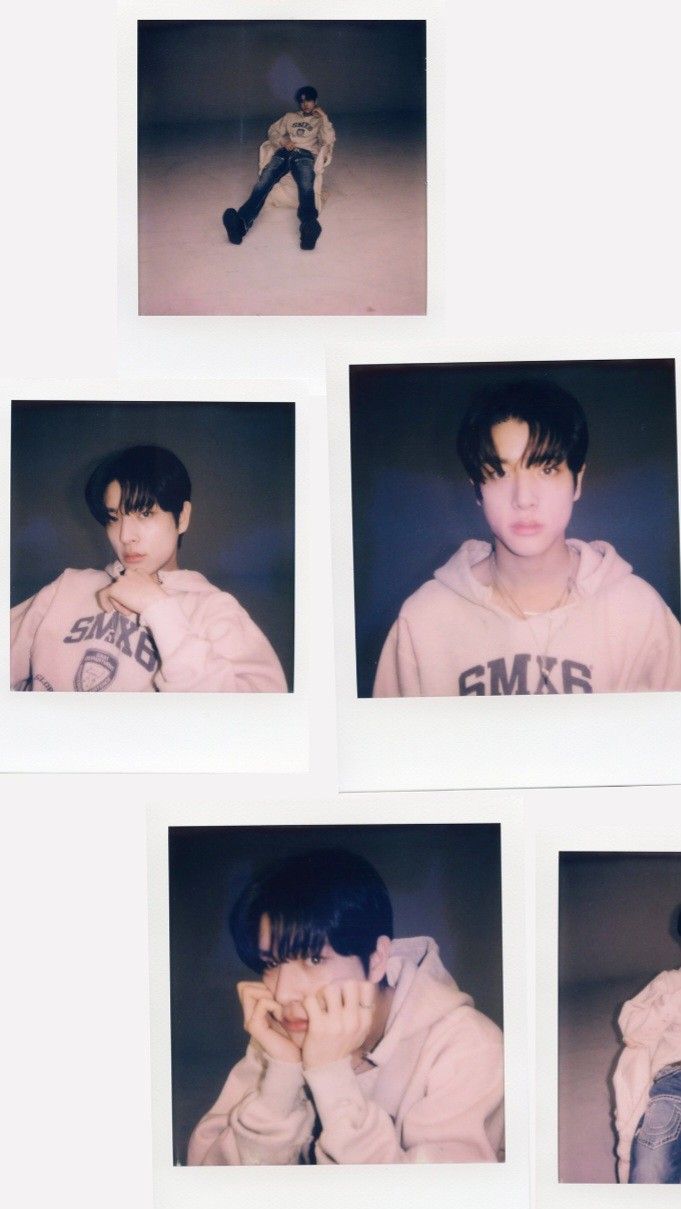 four polaroid photos of a boy with black hair