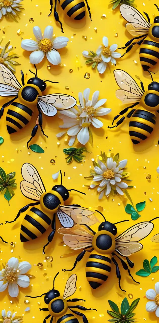 bees and flowers on yellow background